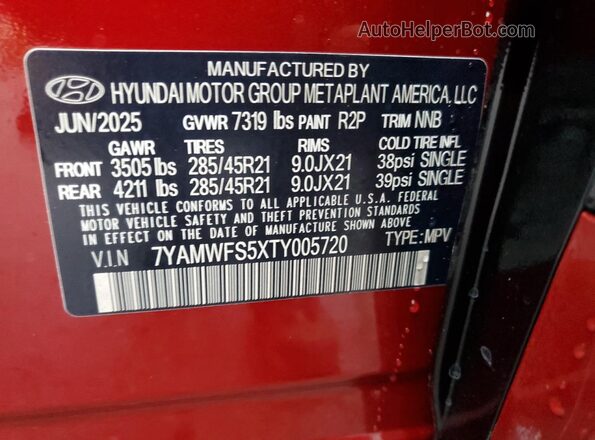 7YAMWFS5XTY005720 2026 HYUNDAI IONIQ Красный Вид наклейки с VIN-кодом