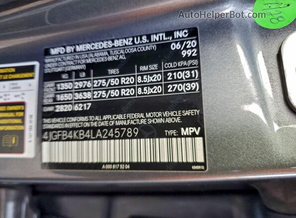 4JGFB4KB4LA245789 2020 MERCEDES-BENZ GLE-CLASS Серый Панорамный вид салона 360°