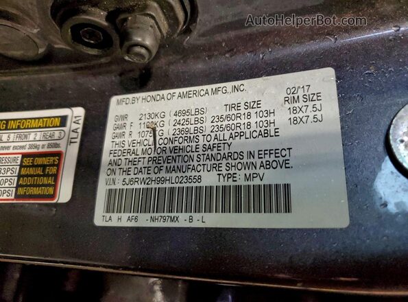 5J6RW2H99HL023558 2017 HONDA CRV Серый Вид наклейки с VIN-кодом
