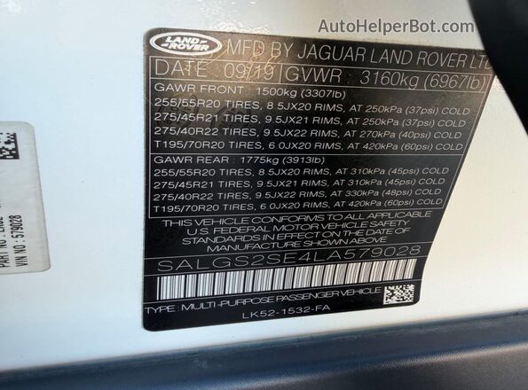 SALGS2SE4LA579028 2020 LAND ROVER RANGE ROVER White Սալոնի հետևի տեսք
