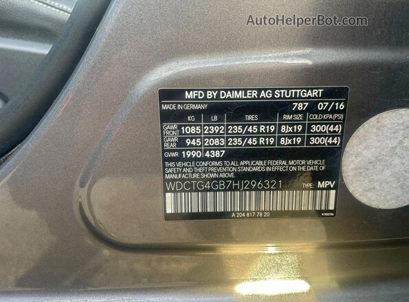 WDCTG4GB7HJ296321 2017 MERCEDES-BENZ GLA Серый Вид задней части салона