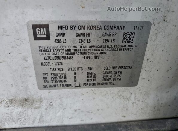 KL7CJLSB8JB581468 2018 CHEVROLET TRAX White Vista interior de 360 grados