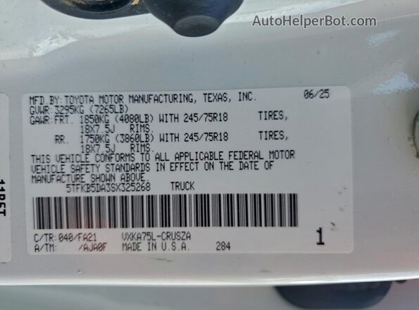 5TFKB5DA3SX325268 2025 TOYOTA LE Белый Вид наклейки с VIN-кодом