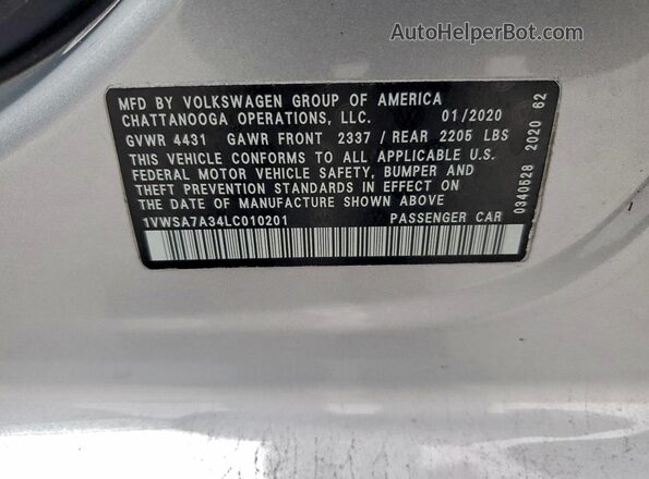 1VWSA7A34LC010201 2020 VOLKSWAGEN PASSAT Серебряный Вид наклейки с VIN-кодом