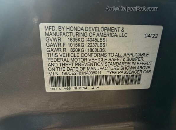 19UDE2F81NA008011 2022 ACURA ILX Серый Вид задней части салона