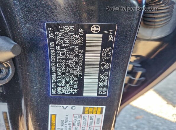 JTDBVRBD4KA006198 2019 TOYOTA MIRAI Black Vista de la etiqueta del VIN