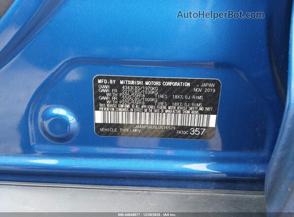JA4AP3AU9LU016529 2020 MITSUBISHI OUTLANDER SPORT Blue ძრავის განყოფილების ხედი