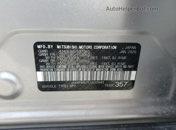JA4AP4AU7LU022643 2020 MITSUBISHI OUTLANDER Серебряный Вид наклейки с VIN-кодом