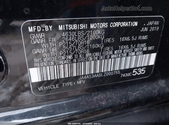 JA4AS3AA5LZ000755 2020 MITSUBISHI ECLIPSE CROSS Black Vista del compartimento del motor