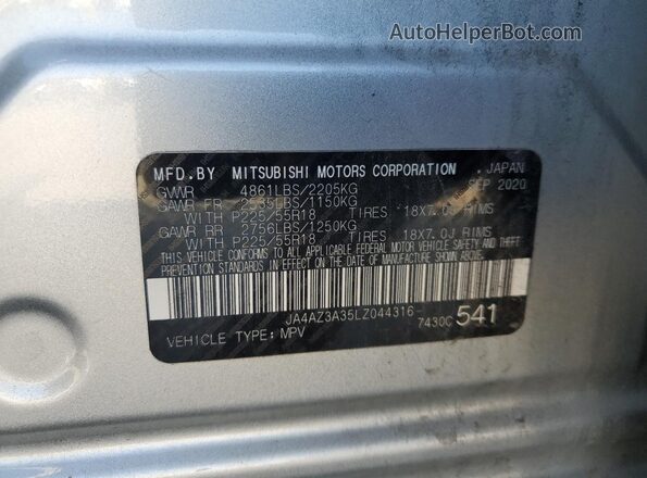 JA4AZ3A35LZ044316 2020 MITSUBISHI OUTLANDER Серебряный Вид наклейки с VIN-кодом