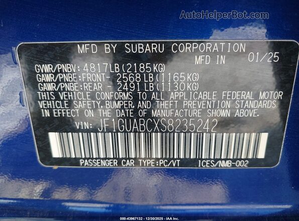 JF1GUABCXS8235242 2025 SUBARU IMPREZA Blue ძრავის განყოფილების ხედი