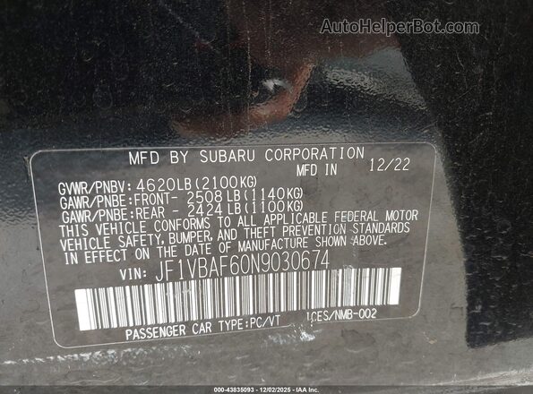 JF1VBAF60N9030674 2022 SUBARU WRX Black Engine compartment view