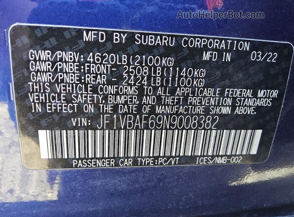 JF1VBAF69N9008382 2022 SUBARU WRX Синий Вид подкапотного пространства