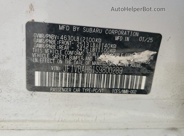 JF1VBAH61S9800289 2025 SUBARU WRX Белый Вид подкапотного пространства