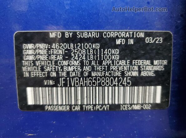 JF1VBAH65P8804245 2023 SUBARU WRX Синий Вид подкапотного пространства