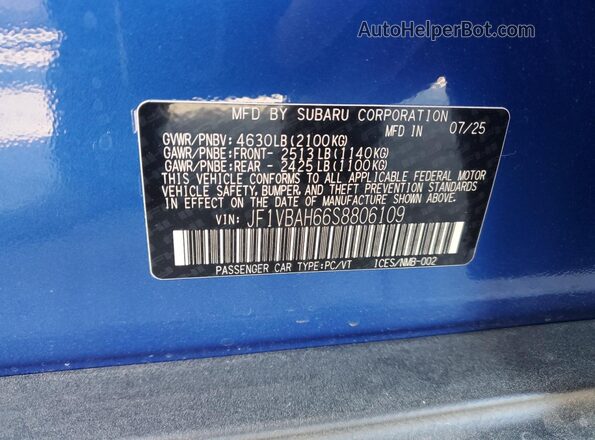 JF1VBAH66S8806109 2025 SUBARU WRX Синий Вид подкапотного пространства
