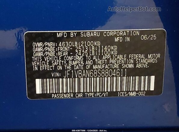 JF1VBAN68S8804611 2025 SUBARU WRX Blue Vista del compartimento del motor