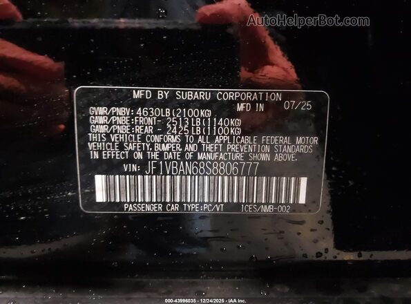 JF1VBAN68S8806777 2025 SUBARU WRX Черный Вид наклейки с VIN-кодом