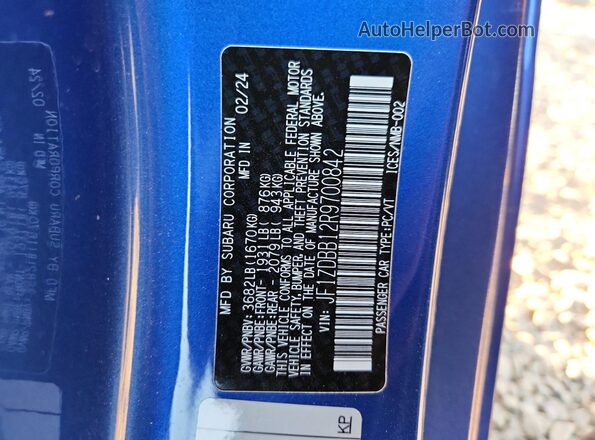 JF1ZDBB12R9700842 2024 SUBARU BRZ Blue VIN კოდის სტიკერის ხედი