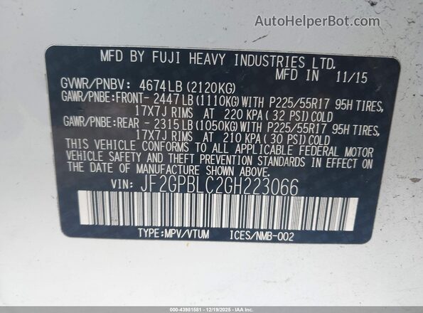 JF2GPBLC2GH223066 2016 SUBARU CROSSTREK HYBRID White Widok komory silnika