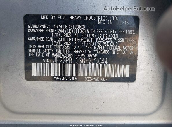 JF2GPBLC3GH223044 2016 SUBARU CROSSTREK HYBRID Light Blue Вид підкапотного простору