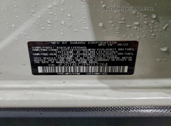 JF2GTAEC2PH212264 2023 SUBARU CROSSTREK White Widok naklejki z numerem VIN