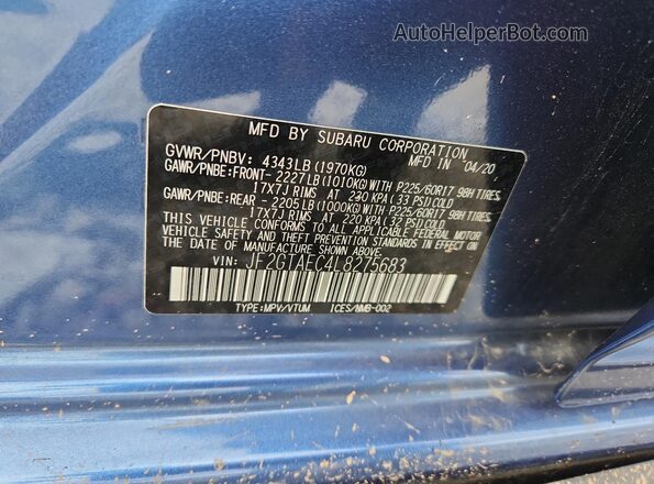 JF2GTAEC4L8275683 2020 SUBARU CROSSTREK Blue Widok naklejki z numerem VIN