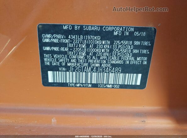JF2GTAMC4JH346489 2018 SUBARU CROSSTREK Оранжевый Вид подкапотного пространства