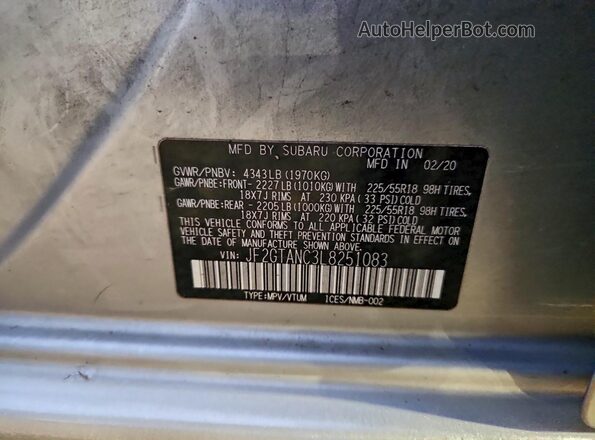 JF2GTANC3L8251083 2020 SUBARU CROSSTREK Серебряный Вид наклейки с VIN-кодом