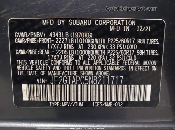 JF2GTAPC5N8211717 2022 SUBARU CROSSTREK Серый Вид подкапотного пространства