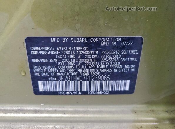 JF2GTHMC7PH239065 2023 SUBARU CROSSTREK Зеленый Вид наклейки с VIN-кодом