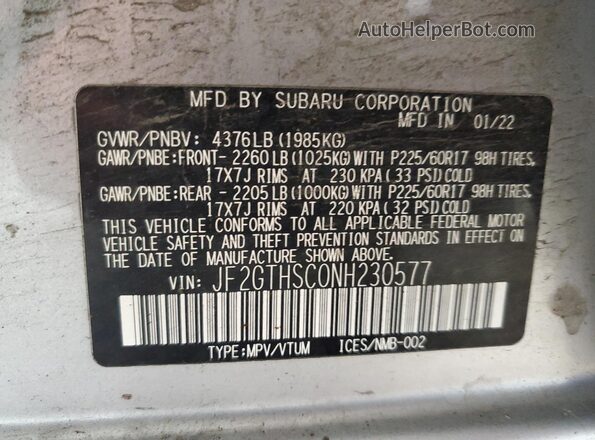 JF2GTHSC0NH230577 2022 SUBARU CROSSTREK Silver Widok naklejki z numerem VIN