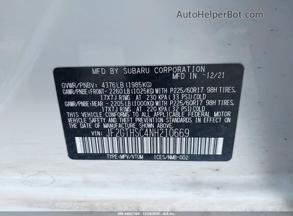 JF2GTHSC4NH210669 2022 SUBARU CROSSTREK Белый Вид подкапотного пространства
