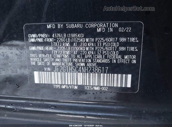 JF2GTHSC4NH238617 2022 SUBARU CROSSTREK Black Engine compartment view