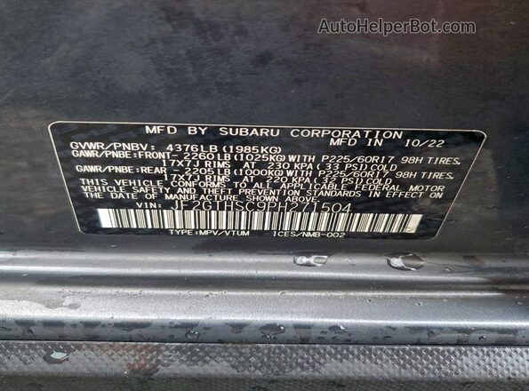 JF2GTHSC9PH271504 2023 SUBARU CROSSTREK Gray Vista de la etiqueta del VIN