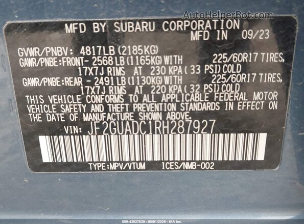 JF2GUADC1RH287927 2024 SUBARU CROSSTREK Blue Vista del compartimento del motor