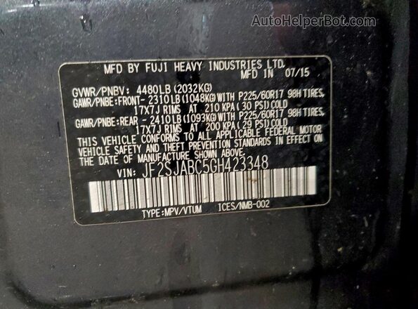 JF2SJABC5GH423348 2016 SUBARU FORESTER 2.5 Синий Вид наклейки с VIN-кодом