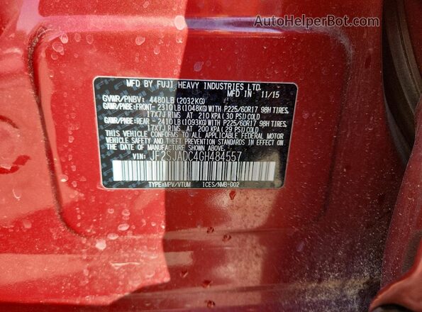 JF2SJADC4GH484557 2016 SUBARU FORESTER 2.5 Red Widok naklejki z numerem VIN