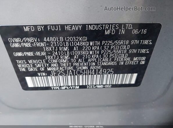 JF2SJATC5HH414925 2017 SUBARU FORESTER 2.5I TO Серебряный Вид подкапотного пространства