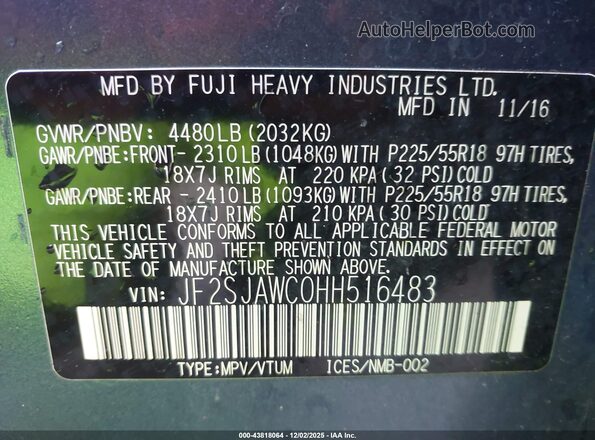 JF2SJAWC0HH516483 2017 SUBARU FORESTER 2.5I TO Синий Вид подкапотного пространства