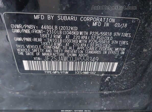 JF2SJAWC0JH558349 2018 SUBARU FORESTER 2.5I TO Черный Вид подкапотного пространства