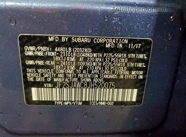 JF2SJAWC8JH520075 2018 SUBARU FORESTER 2.5I TO Синий Вид наклейки с VIN-кодом