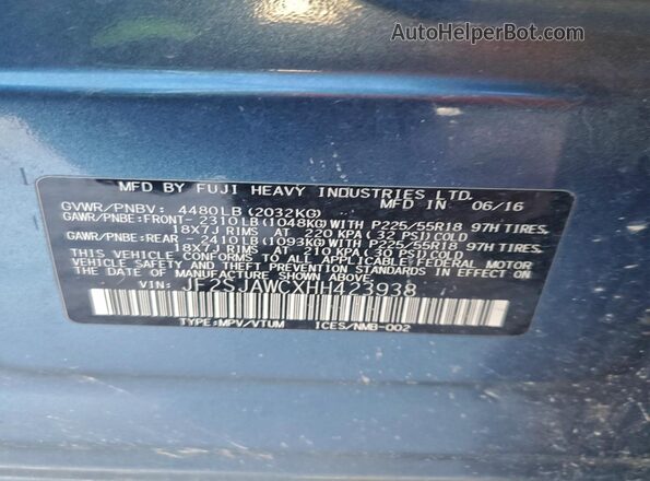 JF2SJAWCXHH423938 2017 SUBARU FORESTER 2.5I TO Синий Вид наклейки с VIN-кодом