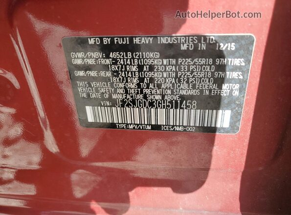 JF2SJGDC3GH511458 2016 SUBARU FORESTER2. Красный Вид наклейки с VIN-кодом