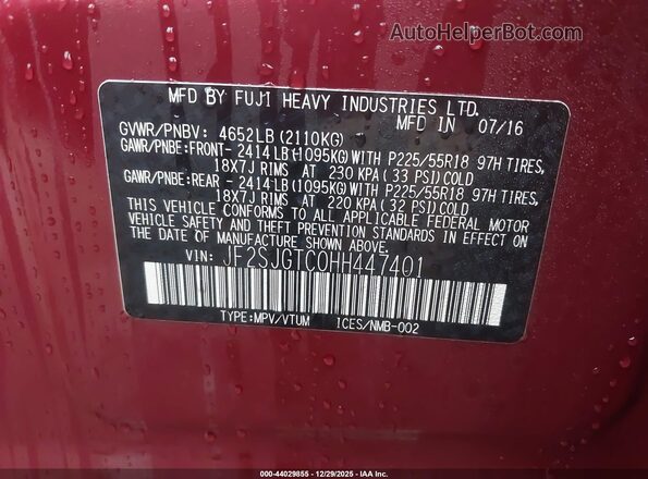 JF2SJGTC0HH447401 2017 SUBARU FORESTER2. Красный Вид подкапотного пространства