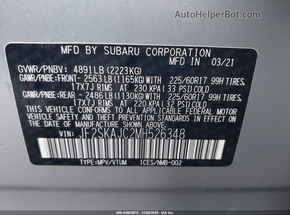 JF2SKAJC2MH526348 2021 SUBARU FORESTER Silver Engine compartment view