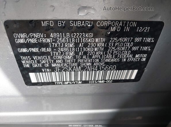 JF2SKAMC2NH435660 2022 SUBARU FORESTER Silver Вид підкапотного простору