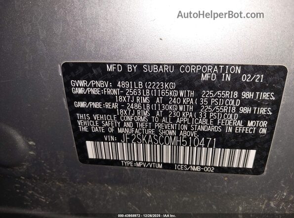 JF2SKASC0MH510471 2021 SUBARU FORESTER Серебряный Вид подкапотного пространства