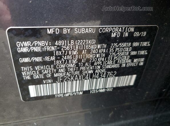 JF2SKAXC4LH434762 2020 SUBARU FORESTER Угольный Вид наклейки с VIN-кодом