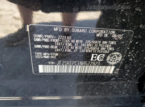 JF2SKEPC1NH522923 2022 SUBARU FORESTER Black VIN sticker view